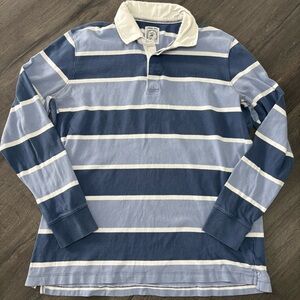 Vintage Lands End Rugby Polo Shirt Mens XL Blue Striped Collared Long Sleeve 90s